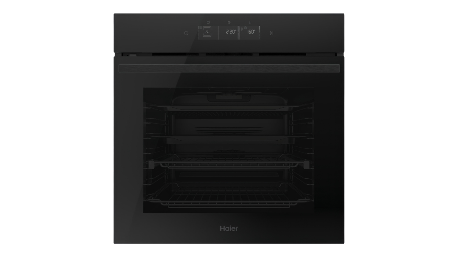 A front view of a Black Haier 60cm built-in steam oven with digital touch display, glass door, and spacious interior racks