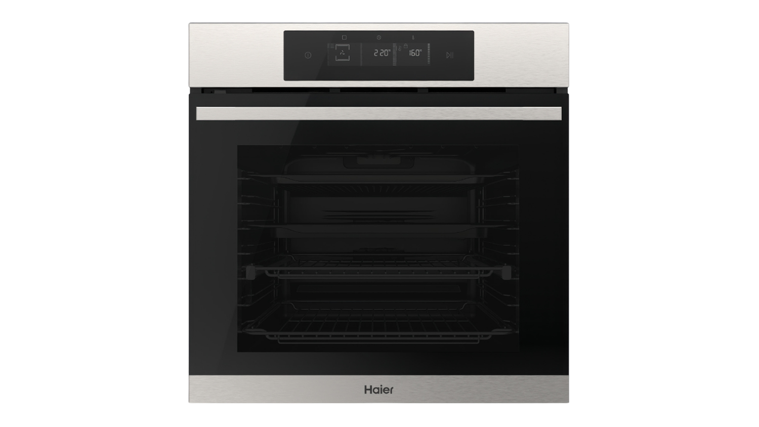 Front view of the Haier 500 Series 60cm built-in steam oven with stainless steel finish and digital display control panel