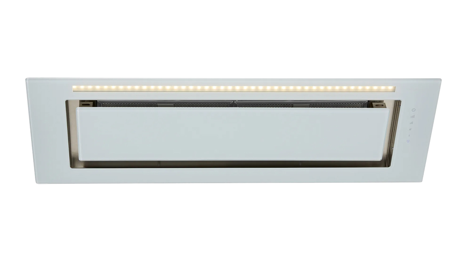 Front view of a modern white Schweigen 90cm silent undermount rangehood with twin external SP motors, a slim LED light strip, and a vent panel
