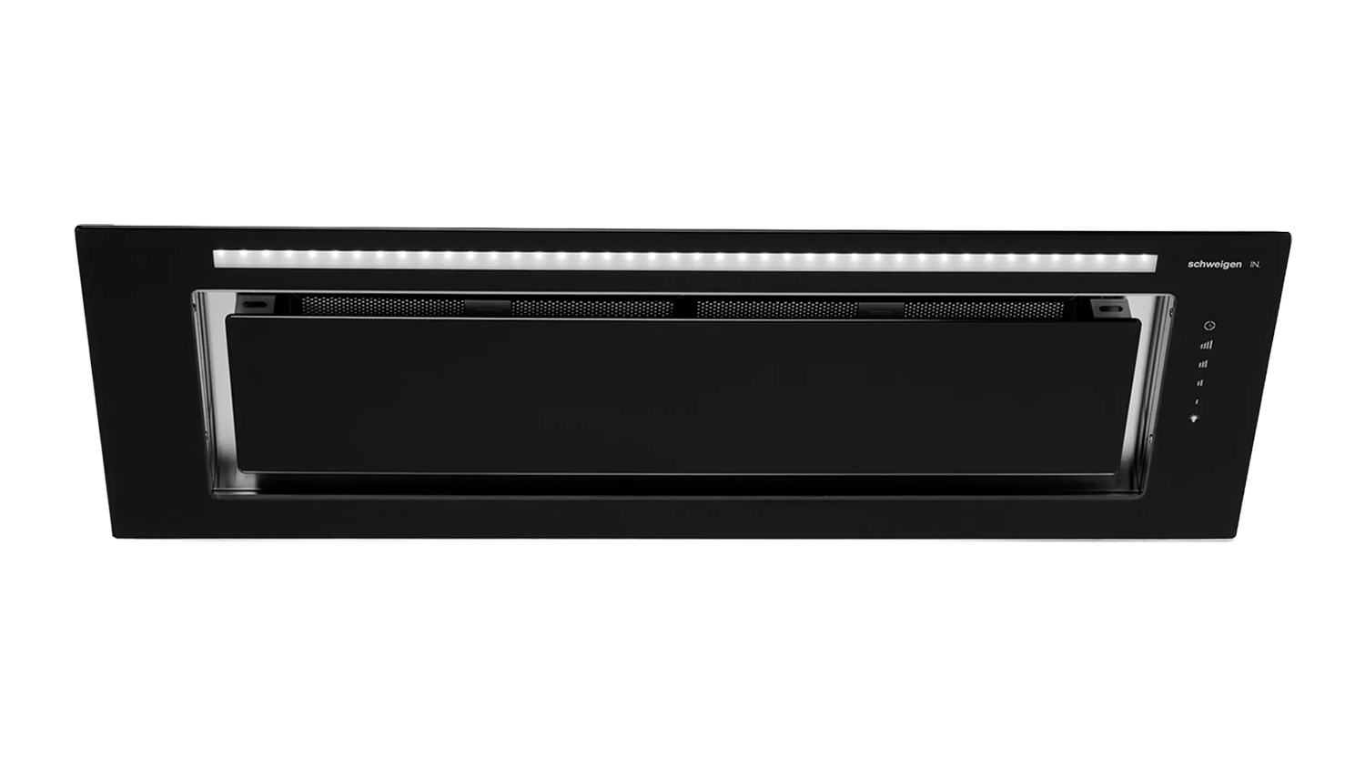 A front view of the black glass Schweigen undermount rangehood with LED strip light, concealed design and touch controls in a sleek finish