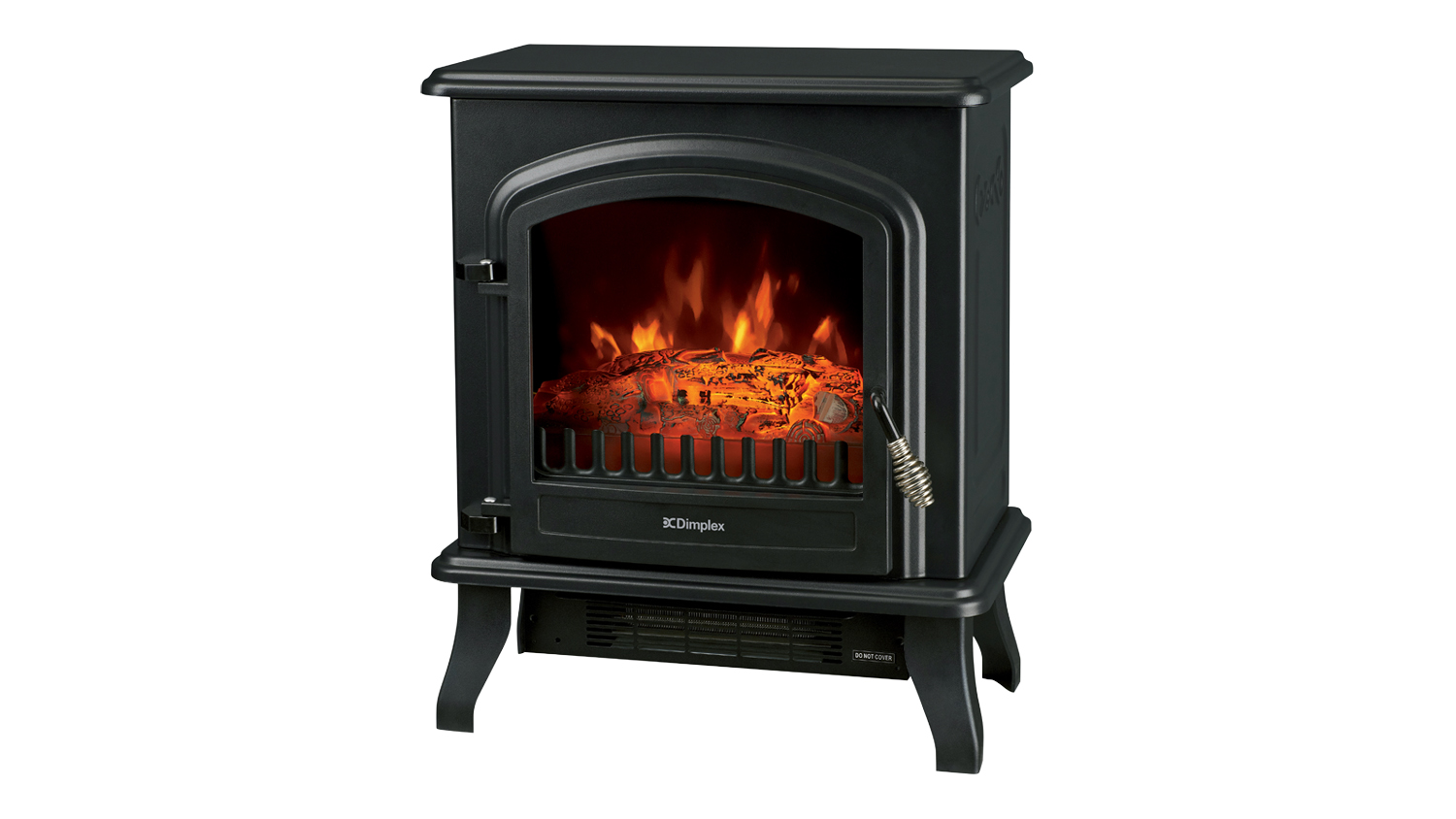 Compact black portable electric fireplace with a classic stove-style design and a curved glass door