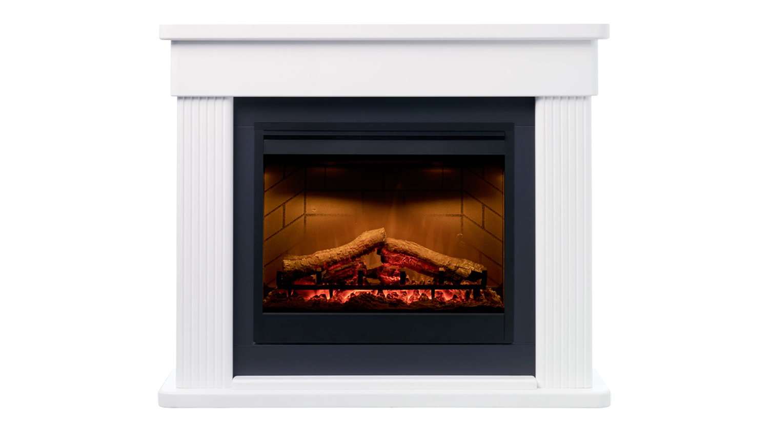 White freestanding electric fireplace suite with a wide mantel and fluted side columns