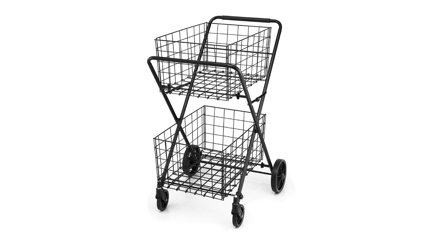 Two-tier black wire EMAJIN foldable shopping trolley cart with a sturdy frame and wheels