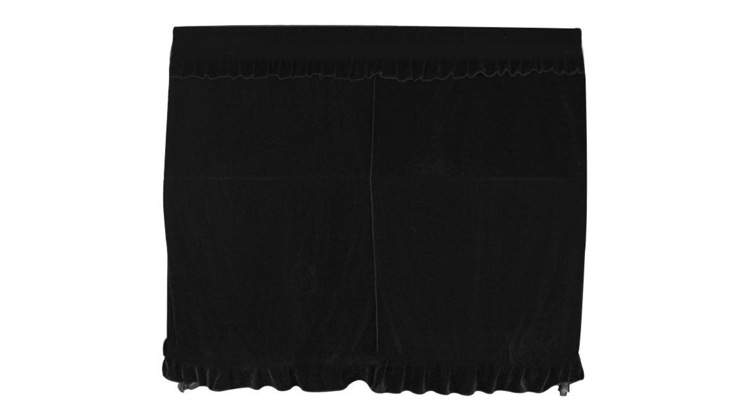 A front view of a Velvet Piano cover with gathered top and ruffled bottom edge