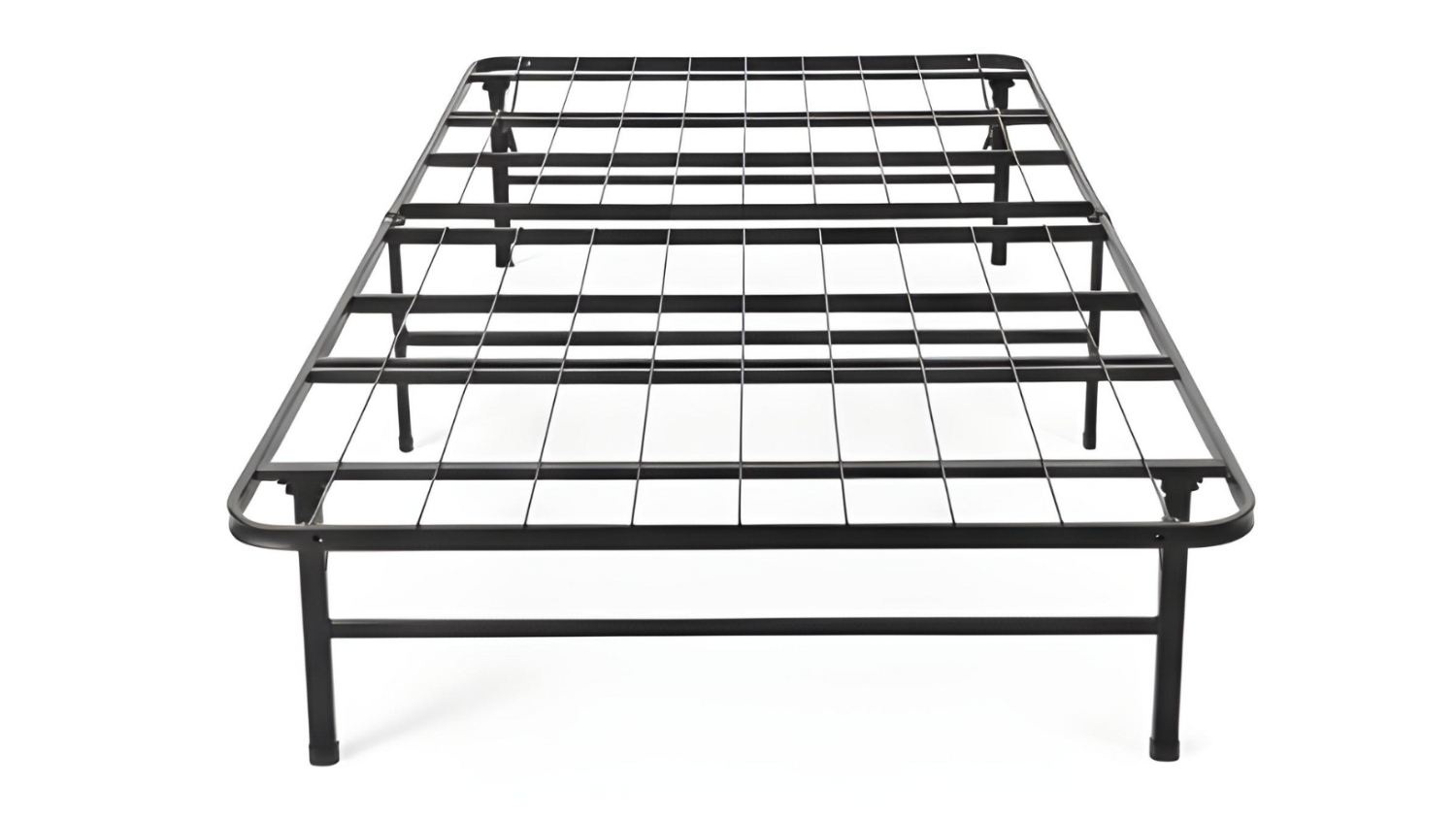 Front-angled view of a black folding metal bed frame with wire grid support