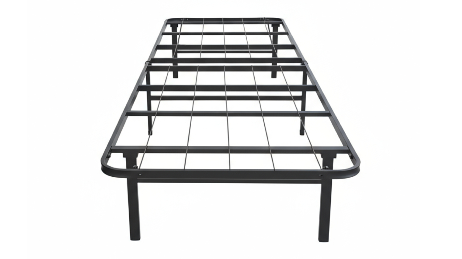 Front angle of the Black Folding metal bed frame with grid support