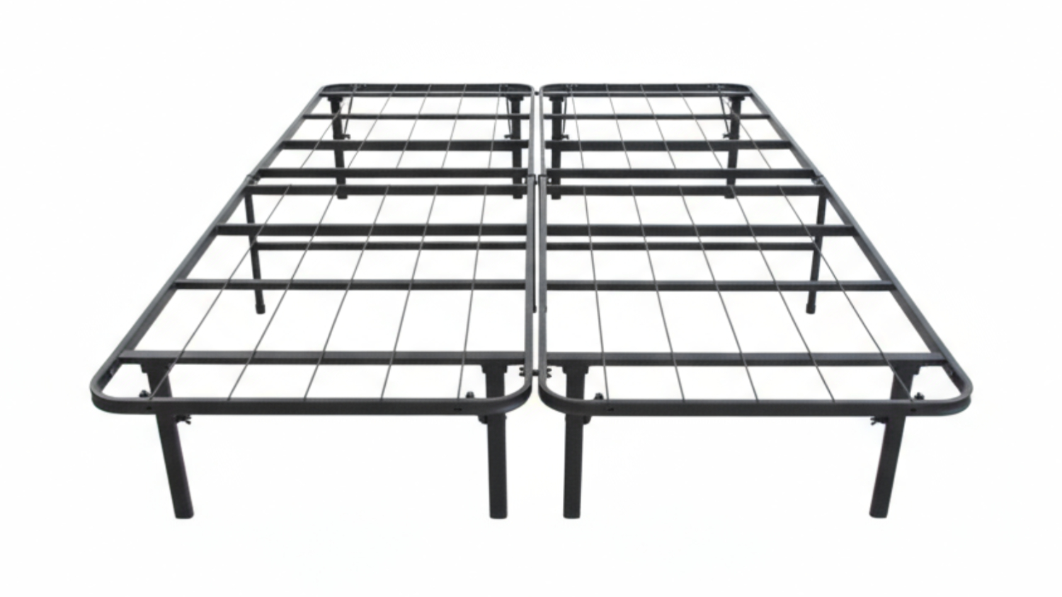 Black folding metal bed frame with split design, grid support, and multiple legs for stability