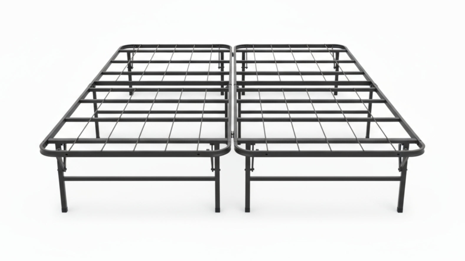 Front view of a black folding metal bed frame with a split grid platform and central folding hinge