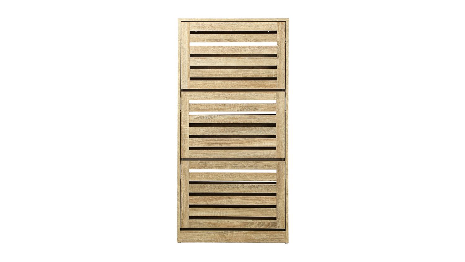 A front view of a wooden shoe cabinet with three slatted flip drawers, a compact vertical storage unit with a natural wood finish design