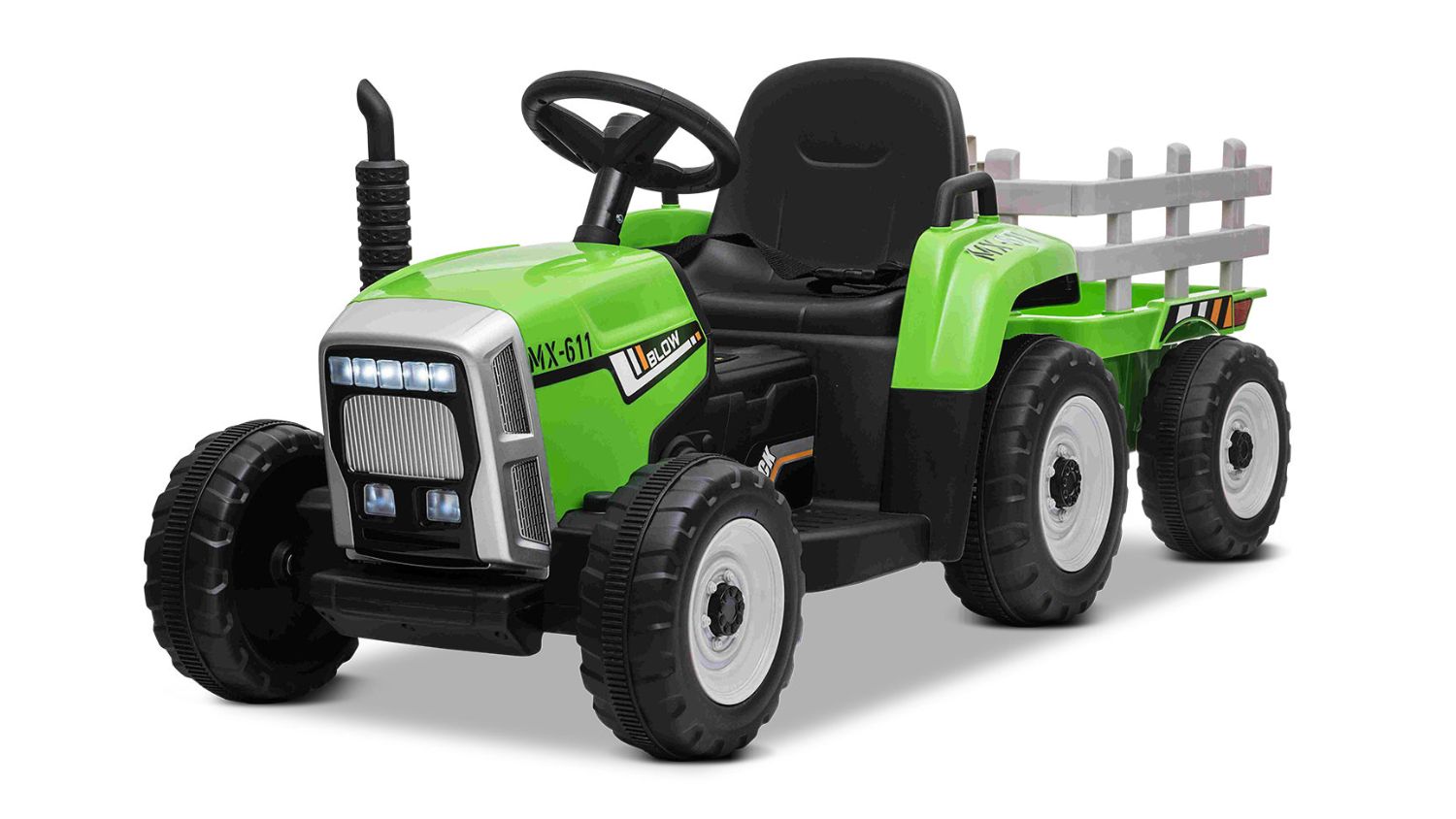Angled view of a green Ride-on tractor with trailer and remote