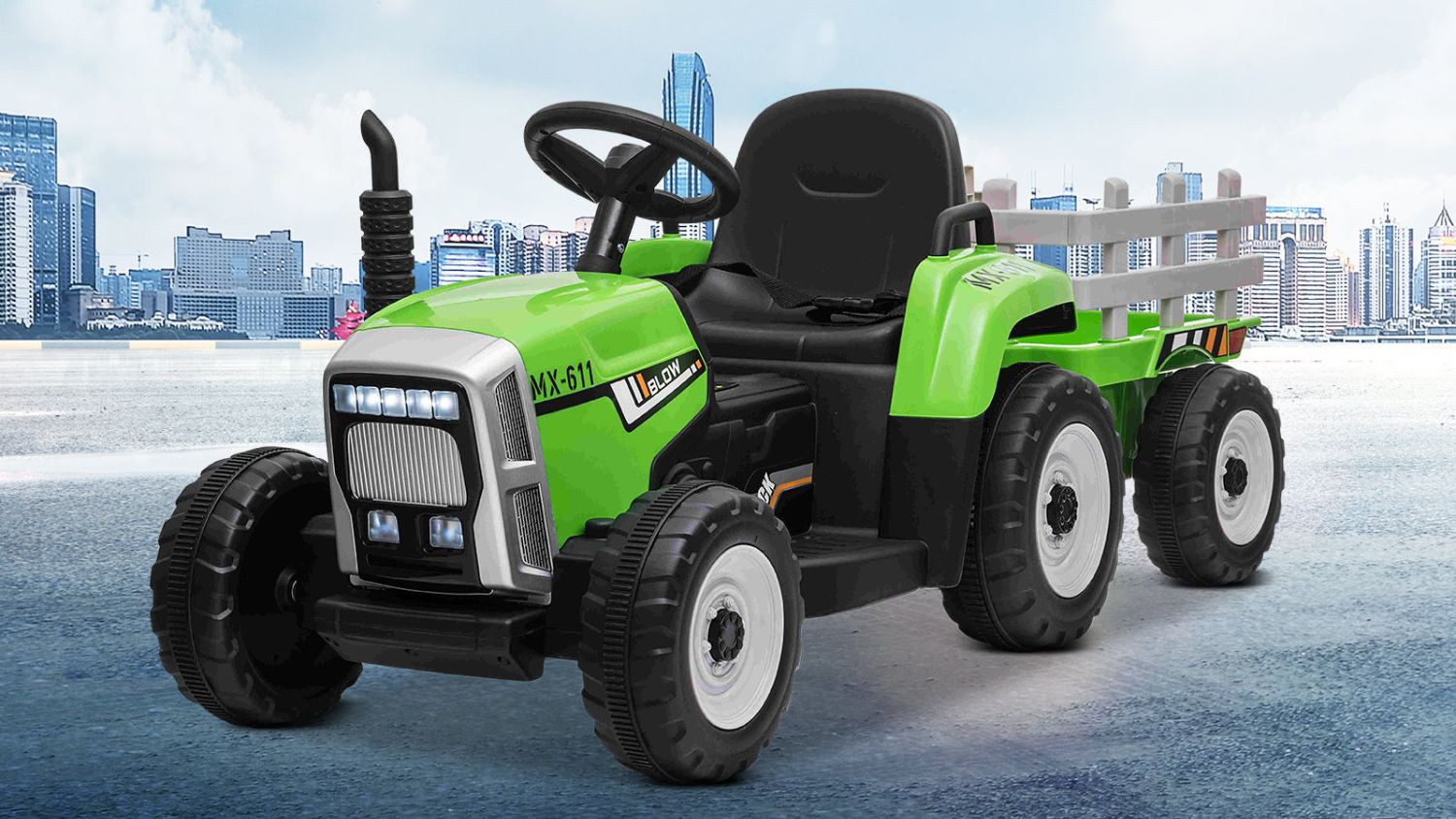 Green toy tractor with trailer for kids, ride-on vehicle with realistic design in an outdoor city setting