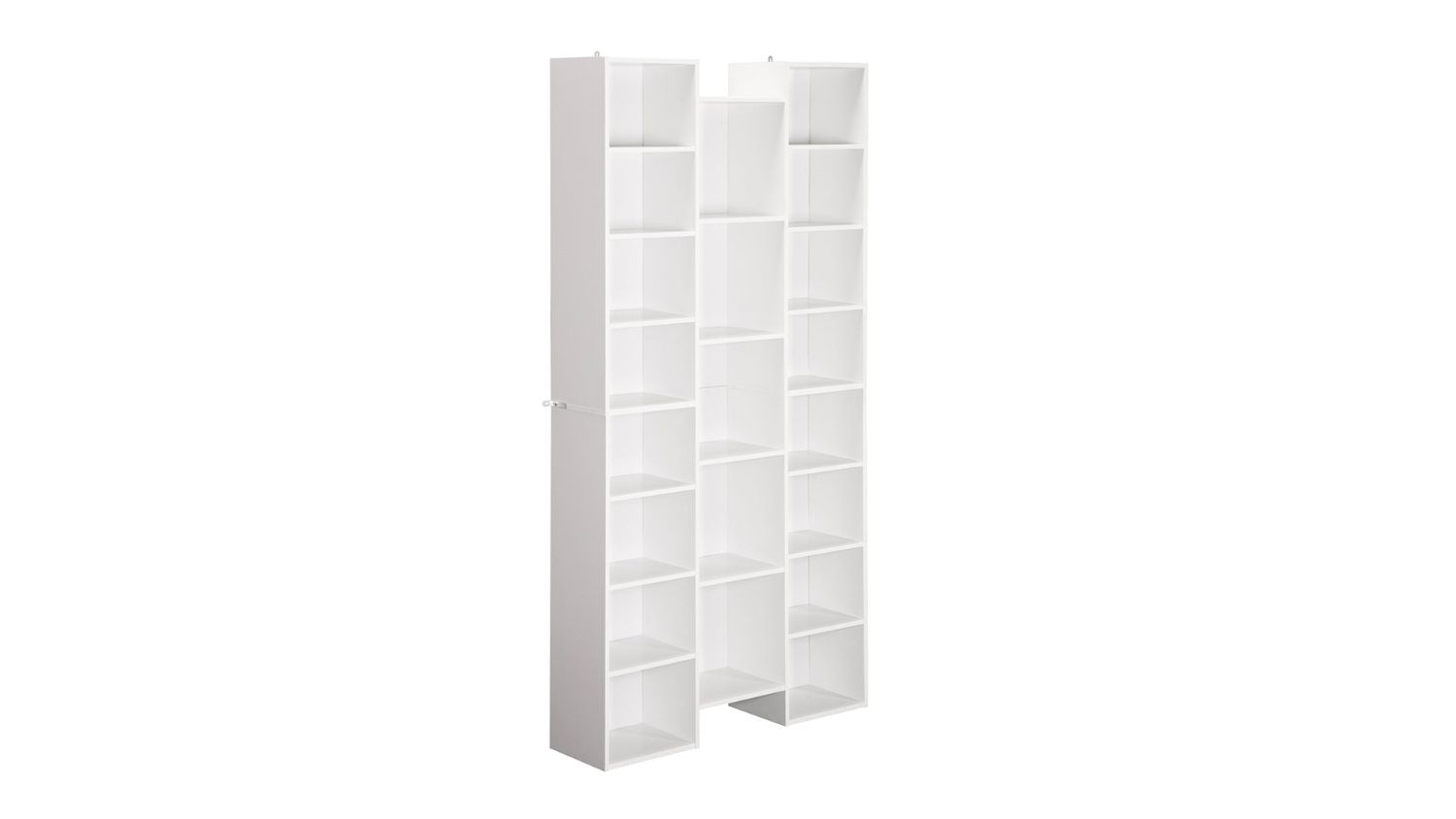 An angled view of a white Skog shoe cabinet with multiple open shelves and a modern vertical design