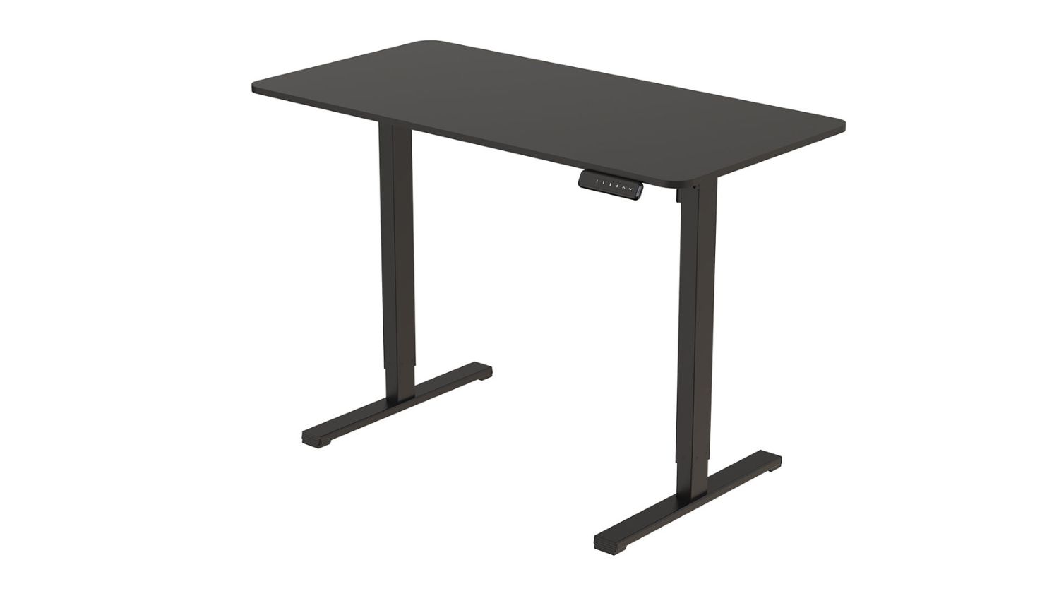An angled view of a black height-adjustable desk frame with dual legs and a control panel