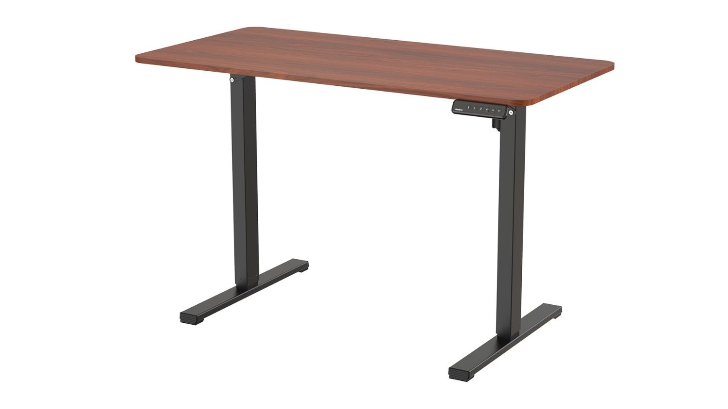 An angled view of a black height-adjustable desk frame with dual legs and a control panel