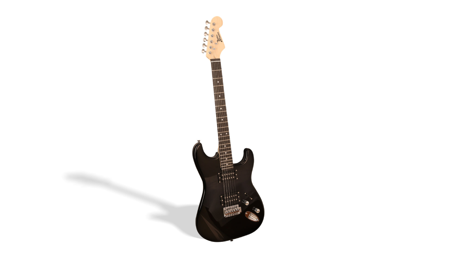 Black electric guitar with a maple neck and dual pickups