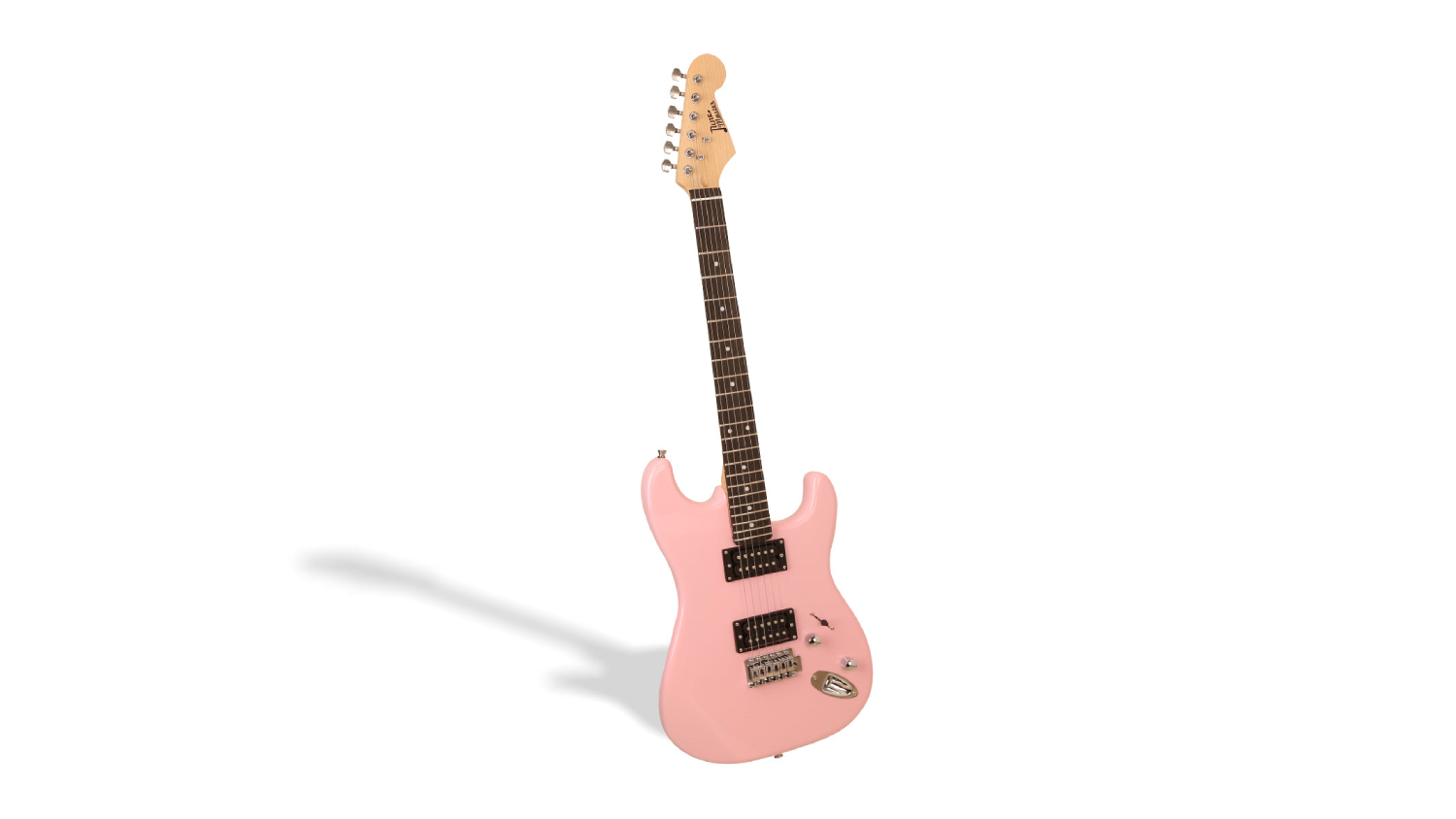 Pink electric guitar with maple neck and dual pickups, shown upright