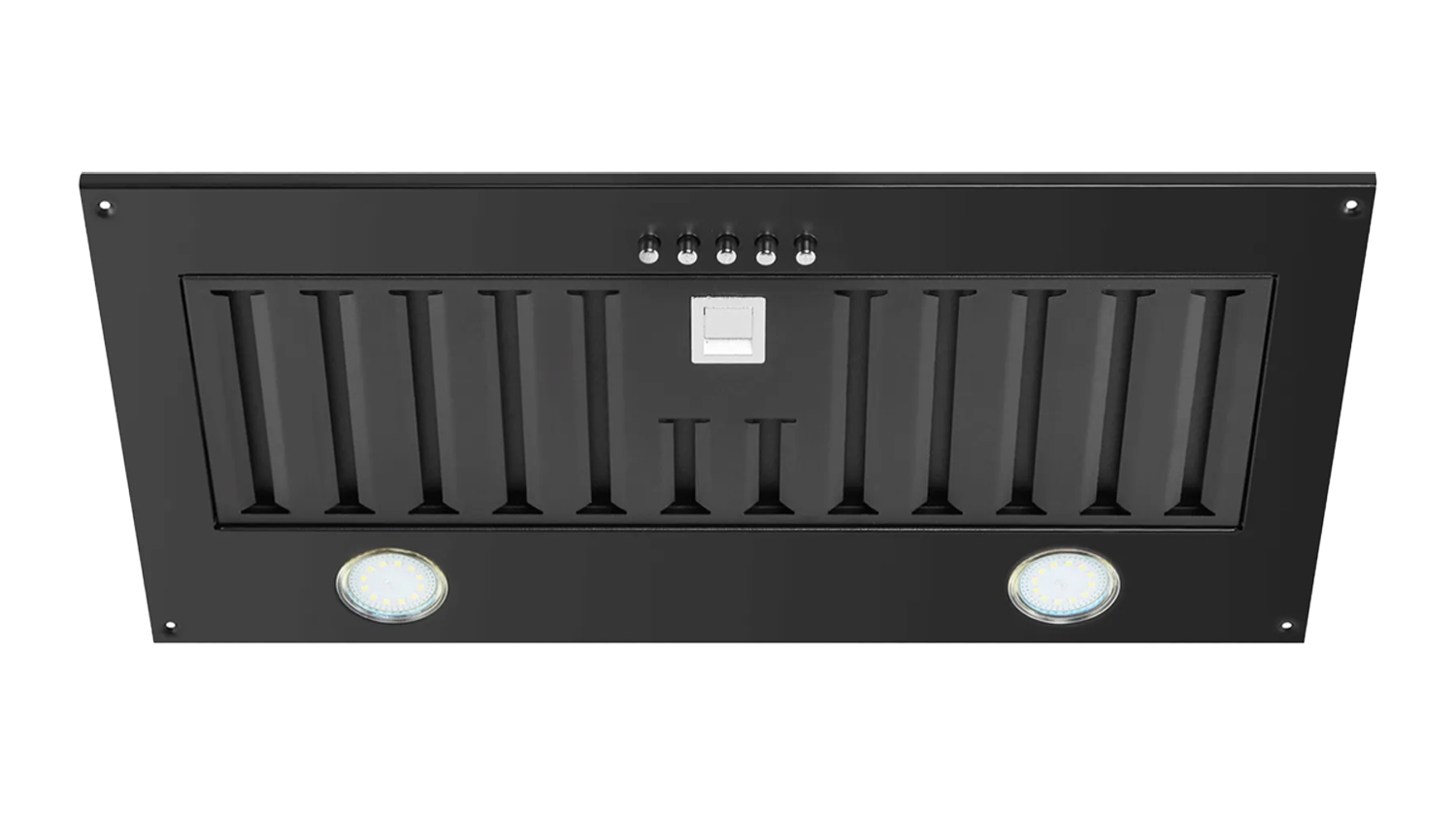 Black built-in Schweigen 60cm non-silent undermount rangehood with an onboard motor, slotted vent, push buttons, and two round LED lights on the underside