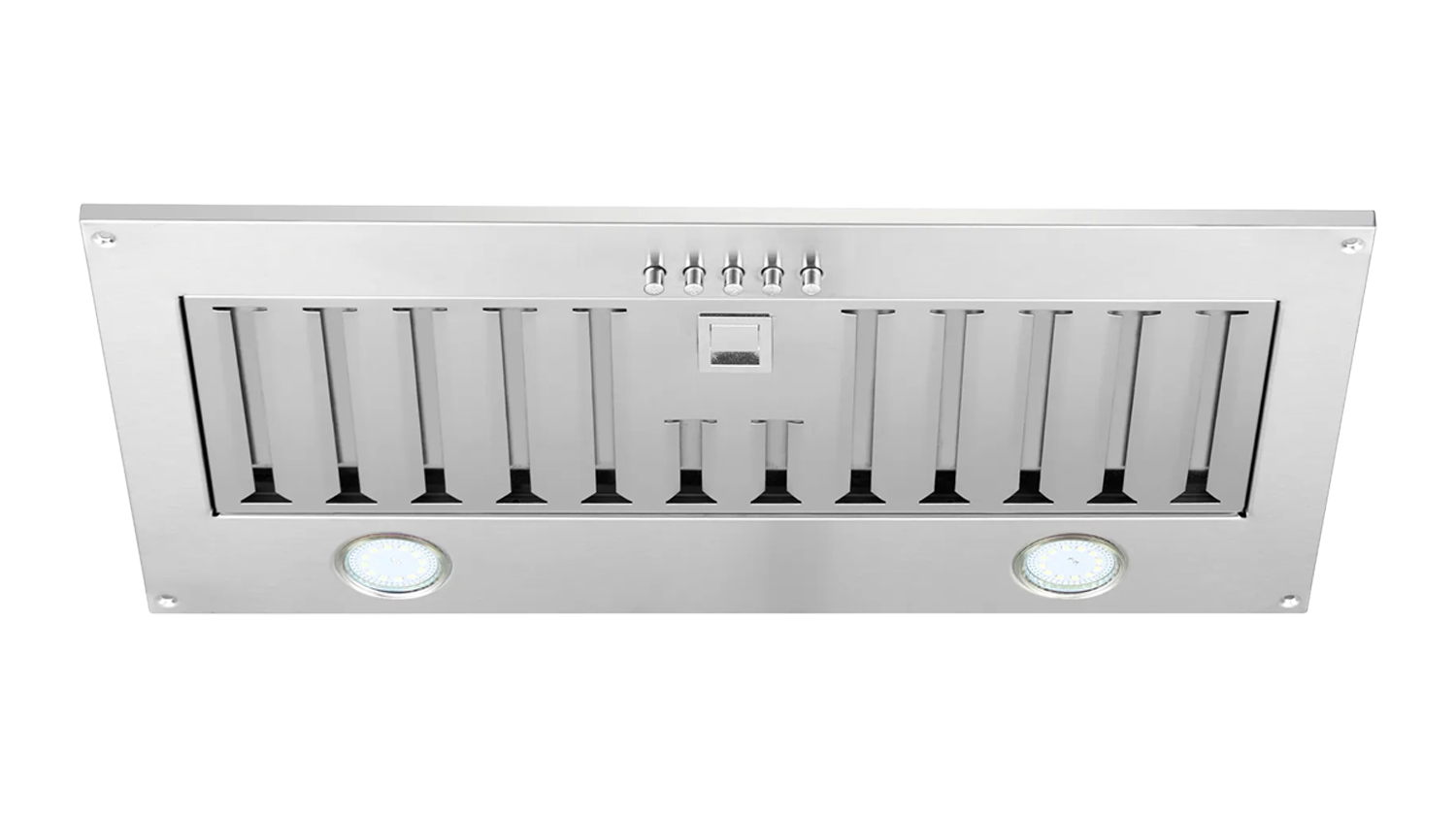 Front view of a stainless steel Schweigen 90cm non-silent undermount rangehood with onboard motor, slotted vents, central controls, and two LED lights
