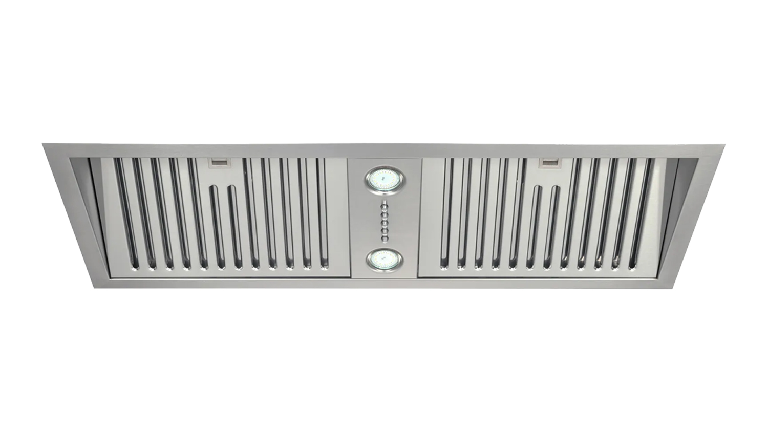 Front view of a stainless steel built‑in Schweigen 90cm non-silent undermount rangehood with an onboard motor, dual filters, centre controls, and two LED lights