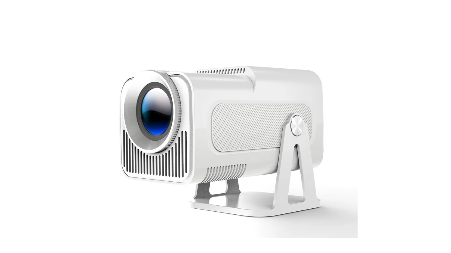 Magcubic HY320 NTV projector with a sleek black design, lens, and sturdy stand