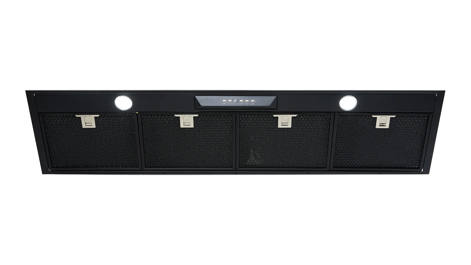 Black Schweigen 120cm Silent undermount rangehood with a single external motor, four mesh grease filters, two LED lights, and a central control panel