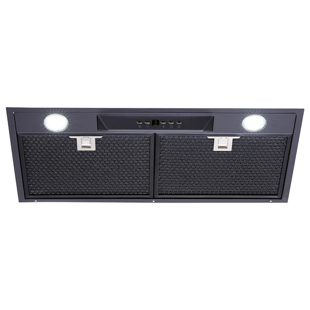 Front view of the Schweigen 60cm Silent Undermount Rangehood with two lights, control panel, and dual mesh grease filters