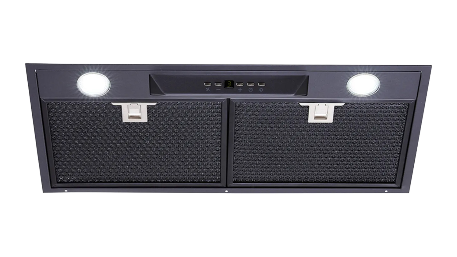 Front view of the Schweigen 60cm Silent Undermount Rangehood with two lights, control panel, and dual mesh grease filters