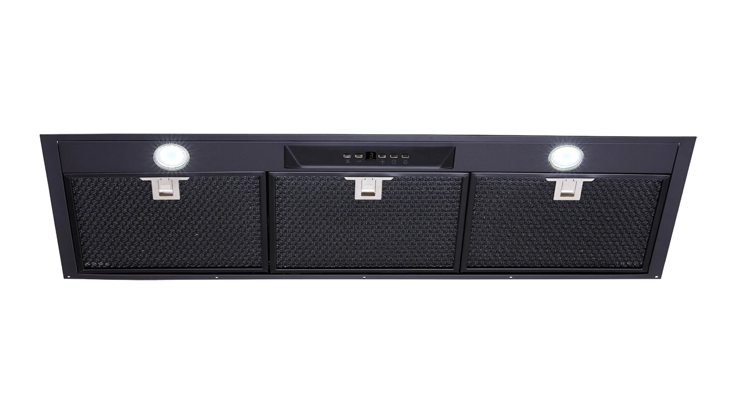 Front view of the Schweigen 90cm Silent Undermount Rangehood with three mesh filters, two built-in lights, and a control panel