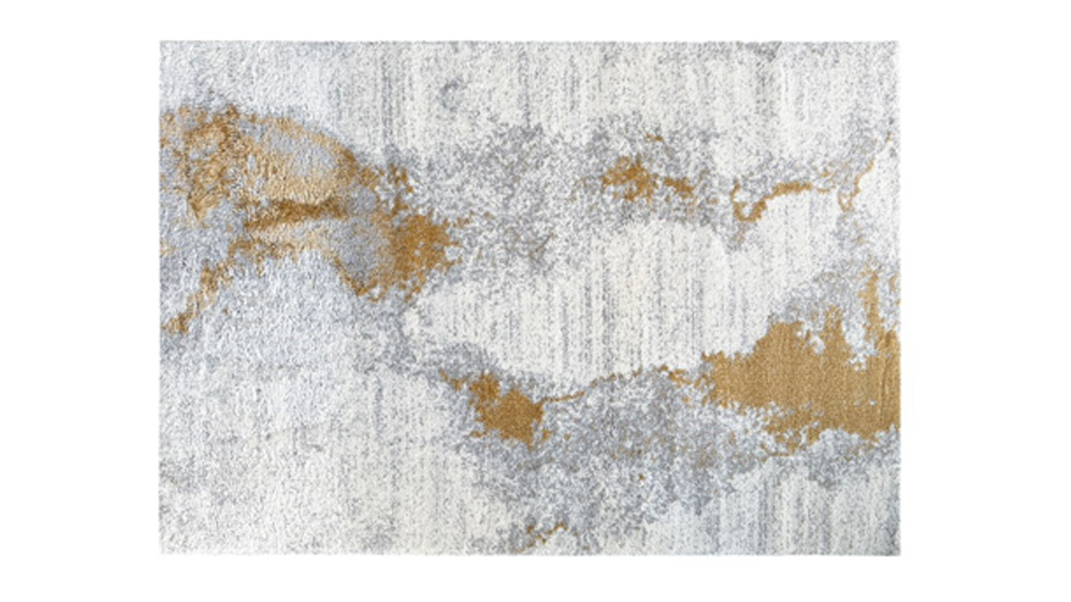 Front view of a plush Laine area rug featuring a modern abstract pattern in gold, cream, and grey