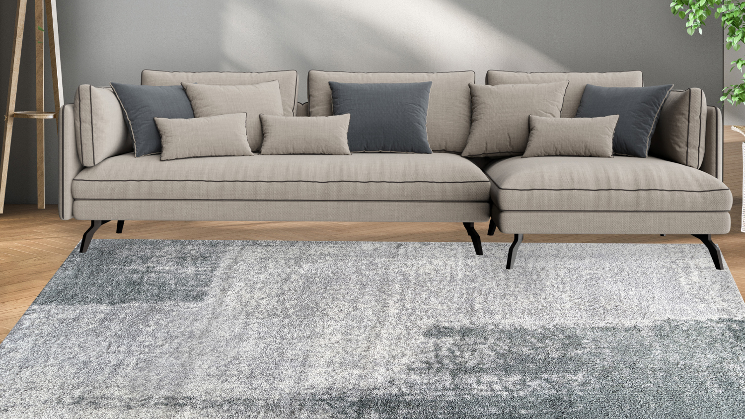 Modern living room featuring the plush Laine rug with a grunge smoky blue and grey pattern