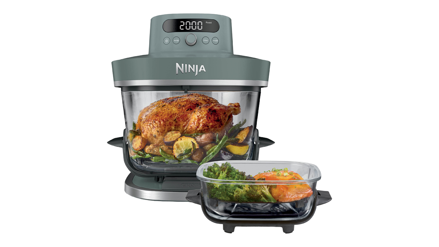 Ninja Crispi Pro 6‑in‑1 air fryer in dark “Sage Green” finish with digital display