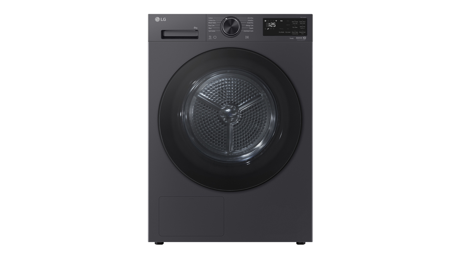 Front shot of a sleek heat pump dryer with an intuitive digital control panel