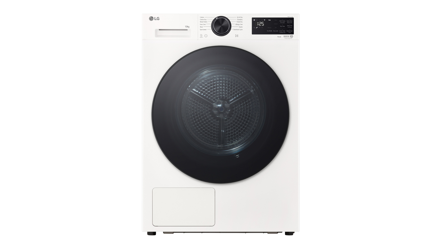 Front shot of a sleek white tumble dryer with an intuitive digital control panel