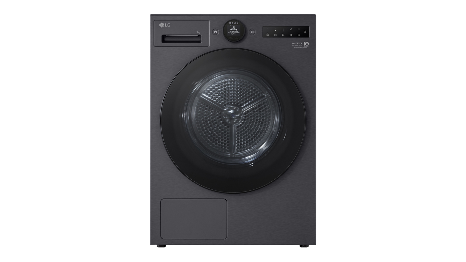 Front view of LG Series 9 9kg Heat Pump Dryer in matte black with a closed glass door