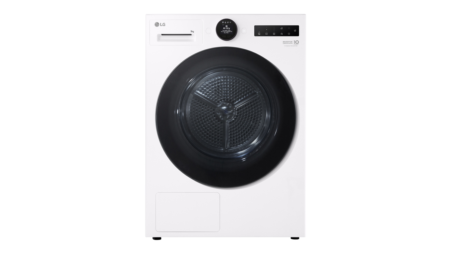 Front-facing view of a white LG Series 9 9kg Heat Pump Dryer with a black tinted glass door