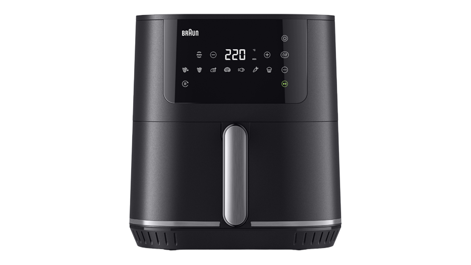 Front view of Braun MultiFry 5 air fryer in black with a glossy digital control panel