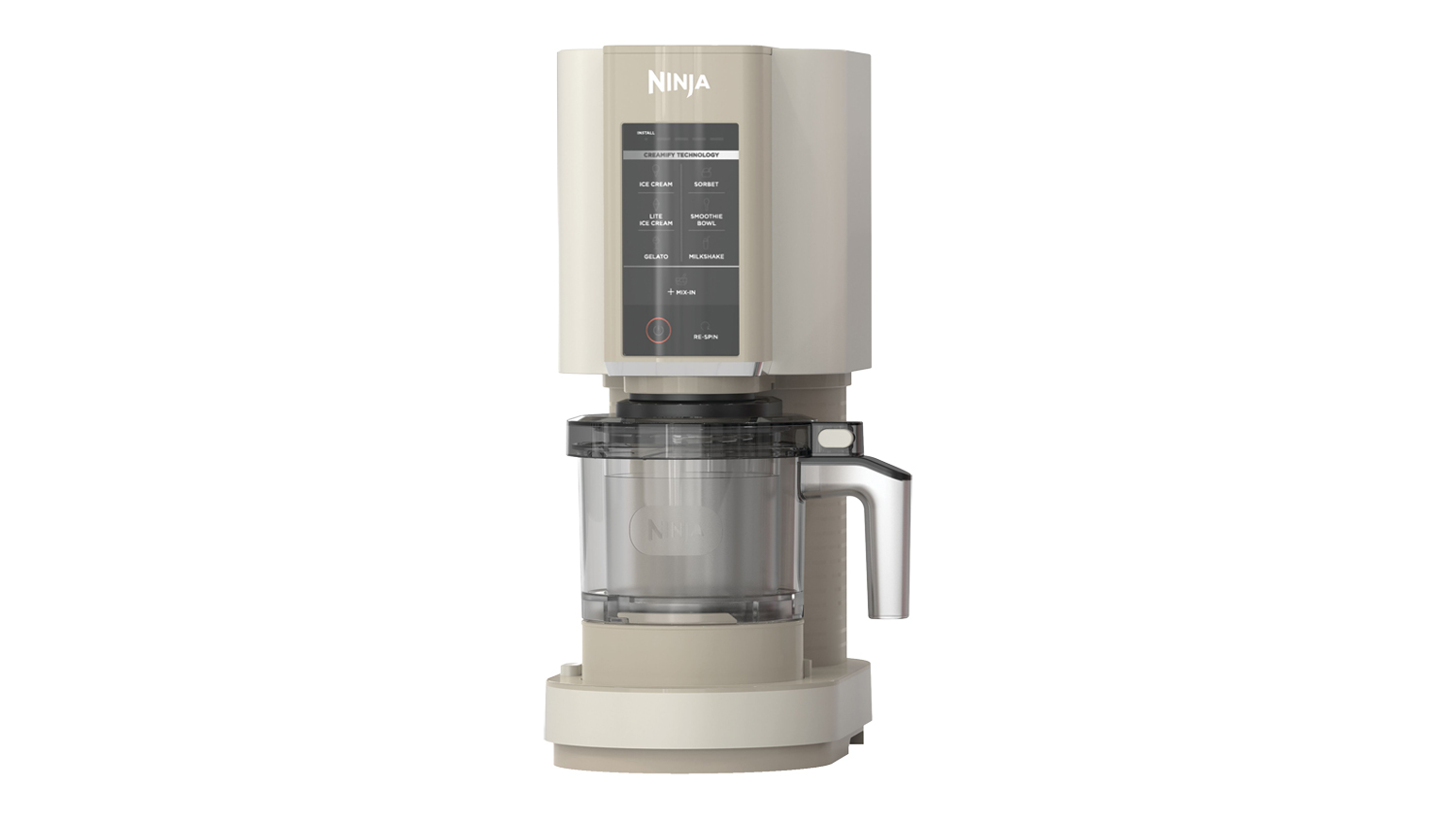 Front view of the Ninja Creami ice cream maker in coffee cream colour with a digital control panel