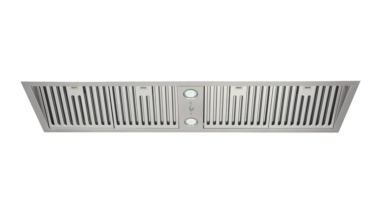 Stainless steel Schweigen 120cm Silent undermount rangehood with twin external SP motors, vents, dual LED lights, and a central control panel