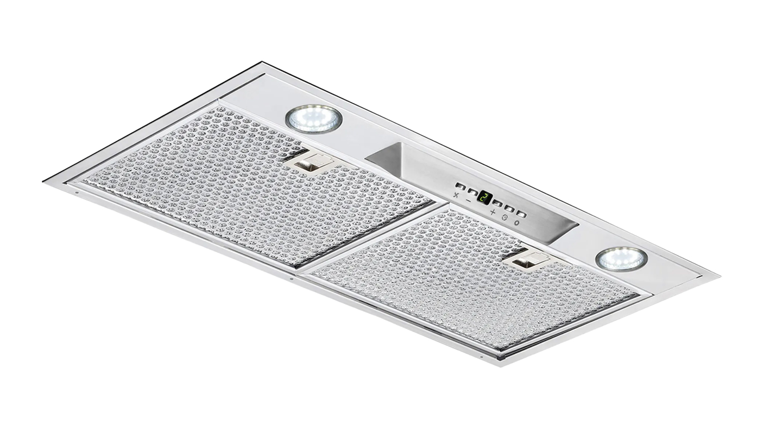 Angled view of the Schweigen 60cm Silent Undermount Rangehood with two mesh filters, two LED lights, and a control panel