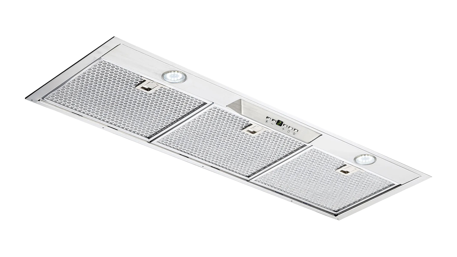 Angled view of the Schweigen 90cm Silent Undermount Rangehood with three mesh filters, two LED lights, and a control panel