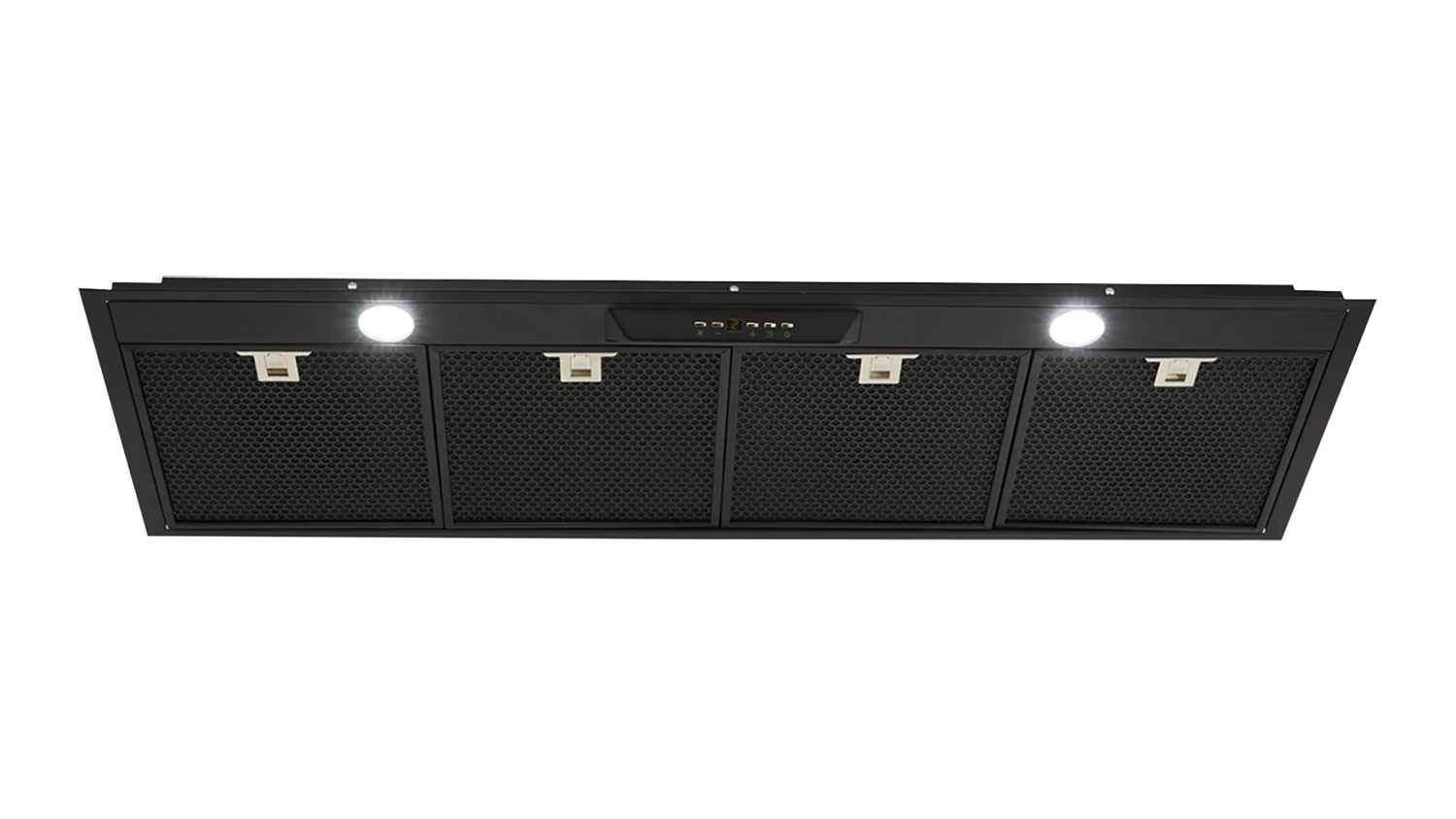 Underside view of a black Schweigen 120cm Silent undermount rangehood with a single external motor, featuring five mesh filters and two LED lights