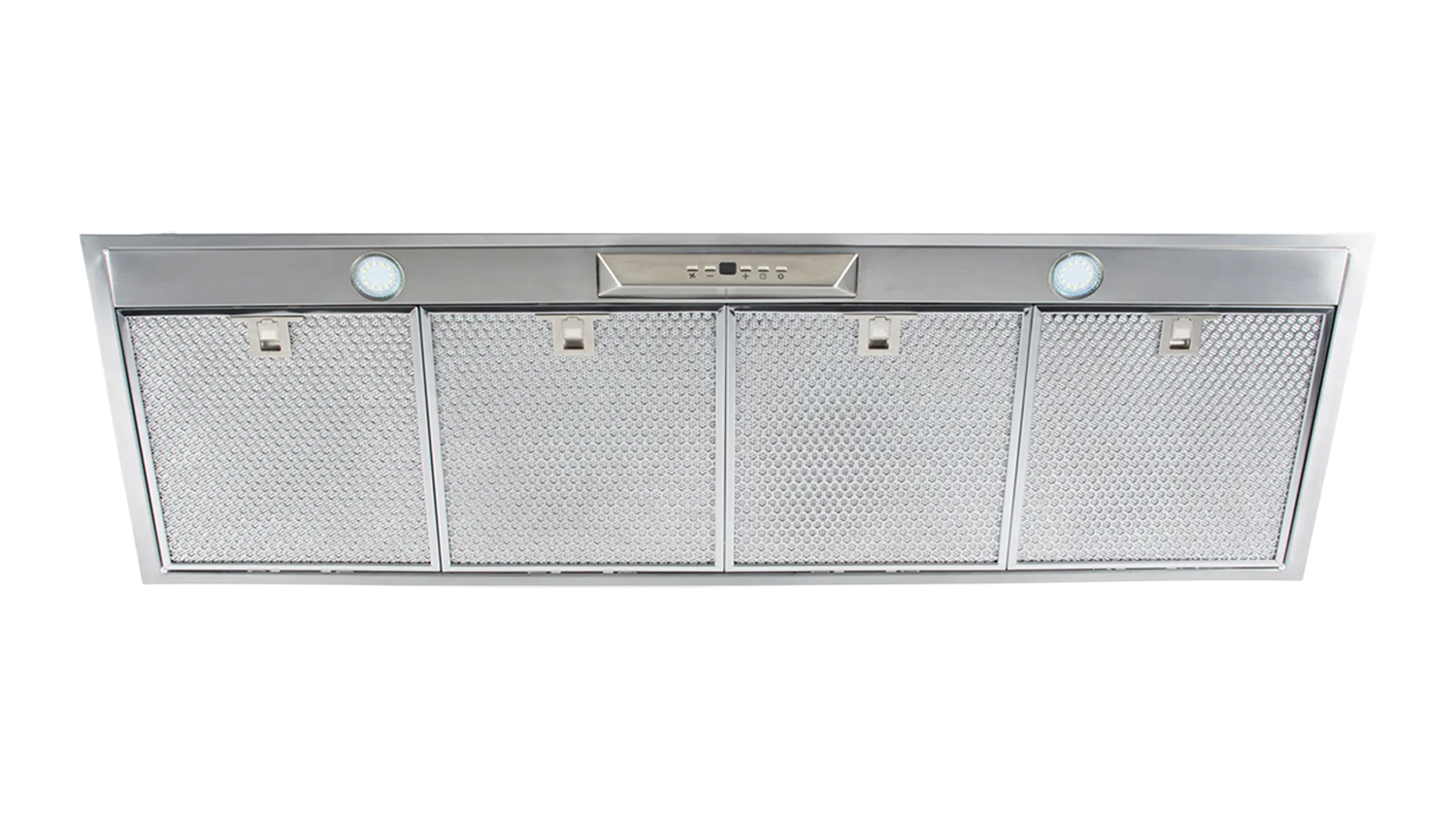 Stainless steel Schweigen 120cm Silent Undermount range hood with twin external SP motors, four mesh filters, two lights, and a central control panel