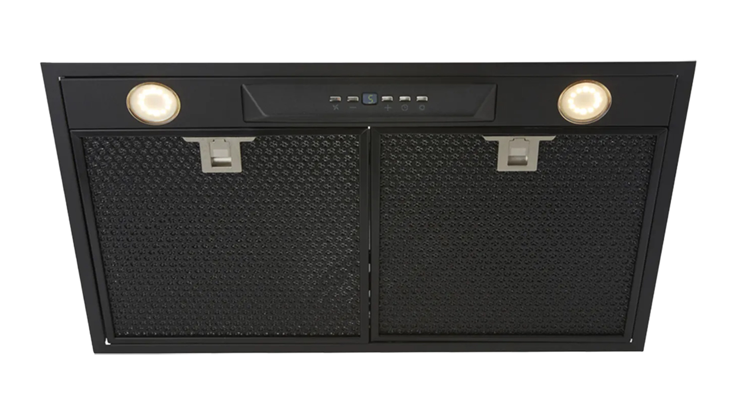 Front view of a black Schweigen 60cm silent undermount rangehood with a single external inline motor, two lights, dual mesh filters, and a central control panel