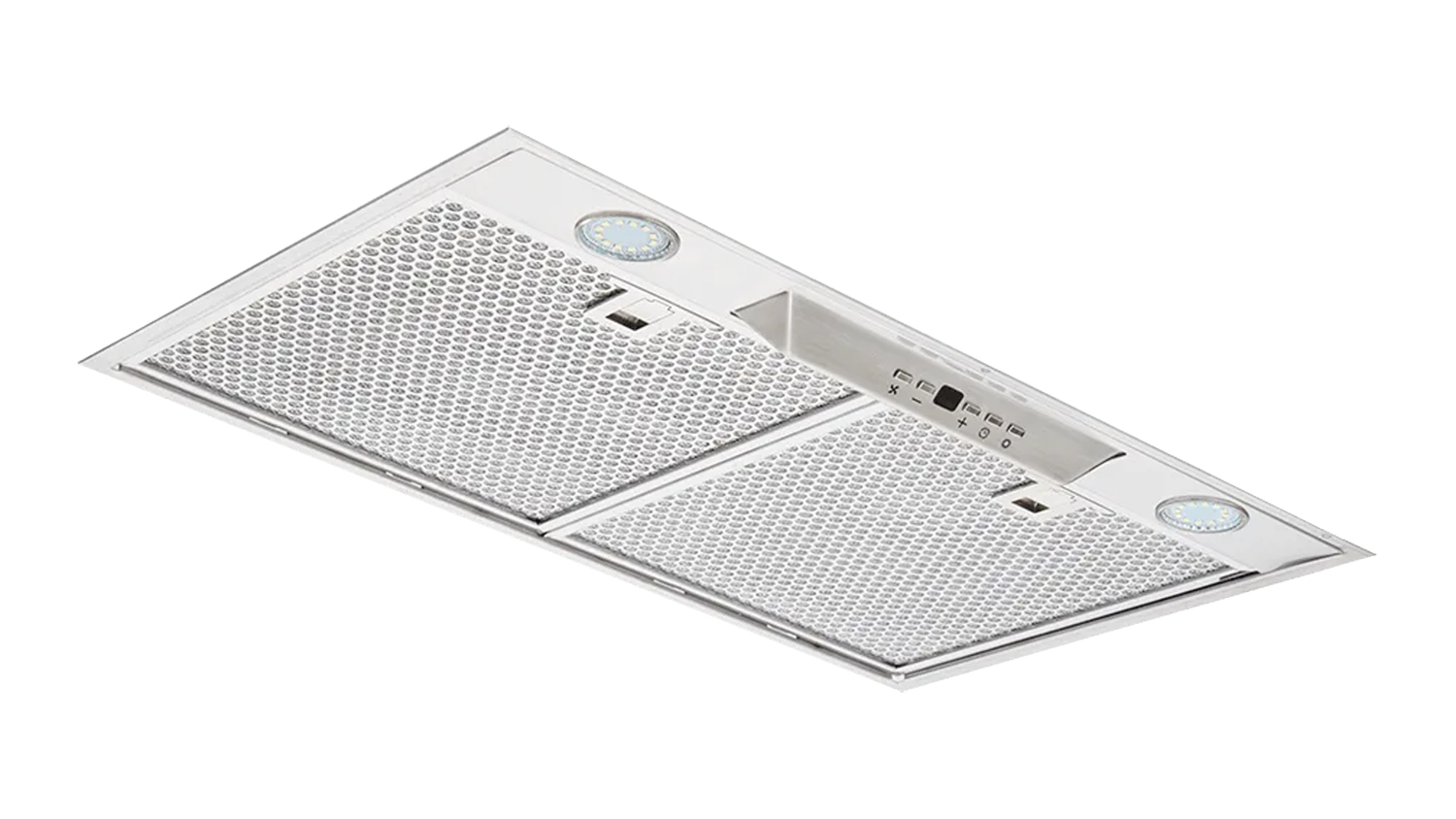 Underside view of a Schweigen 60cm undermount rangehood in stainless steel, featuring two circular LED lights