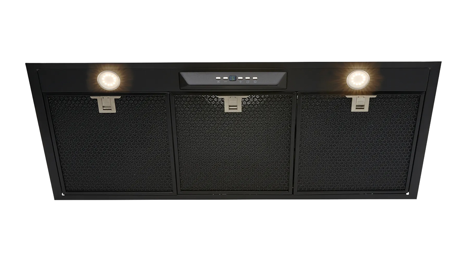 Underside view of a matte black 90cm undermount rangehood, showing three rectangular mesh grease filters
