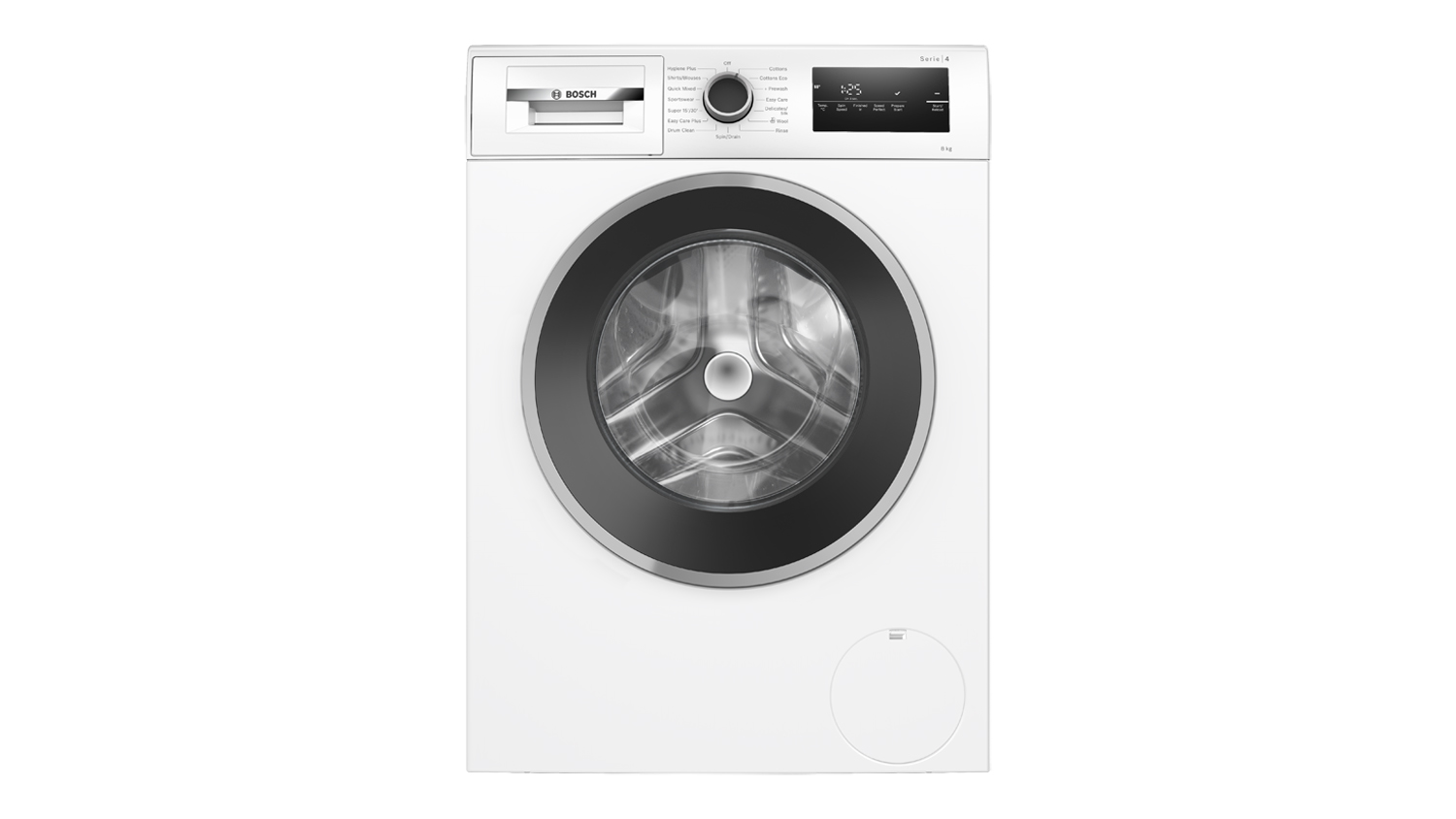 Front view of a closed Bosch Series 4 white front loader washing machine with a black trimmed door