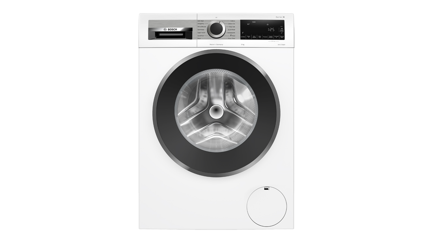 A front view of the Bosch Series 8 9kg Front Loader Washing Machine