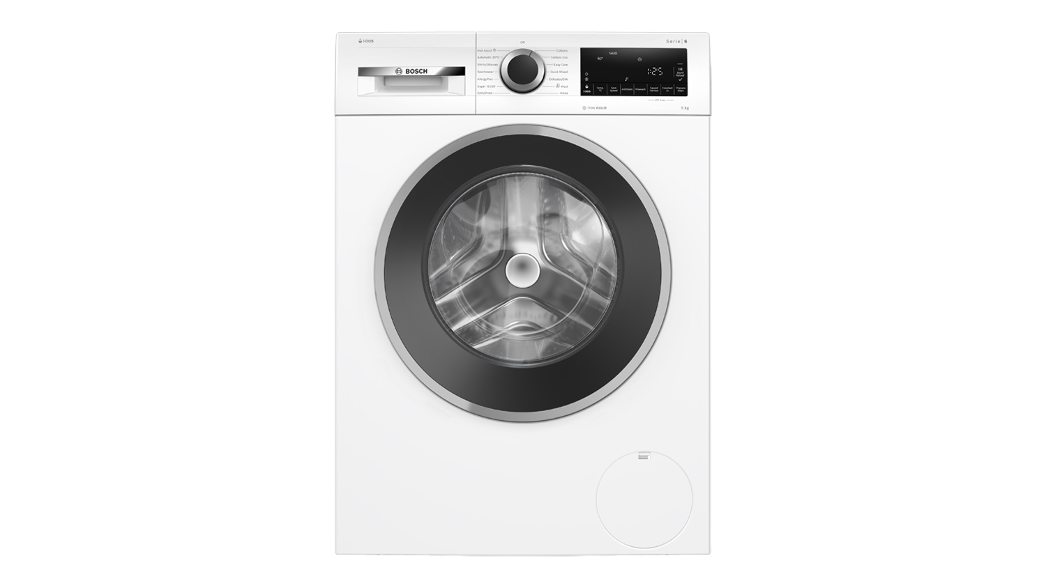 Front view of a white Bosch Series 6 9kg front loader washing machine with a closed black-rimmed door