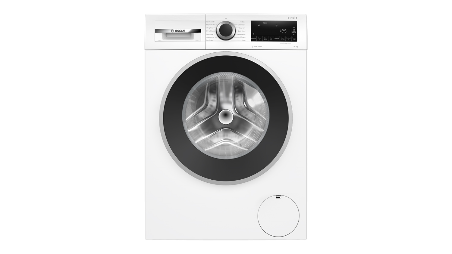 Front view of white Bosch Series 6 10kg front loader washing machine with closed black door