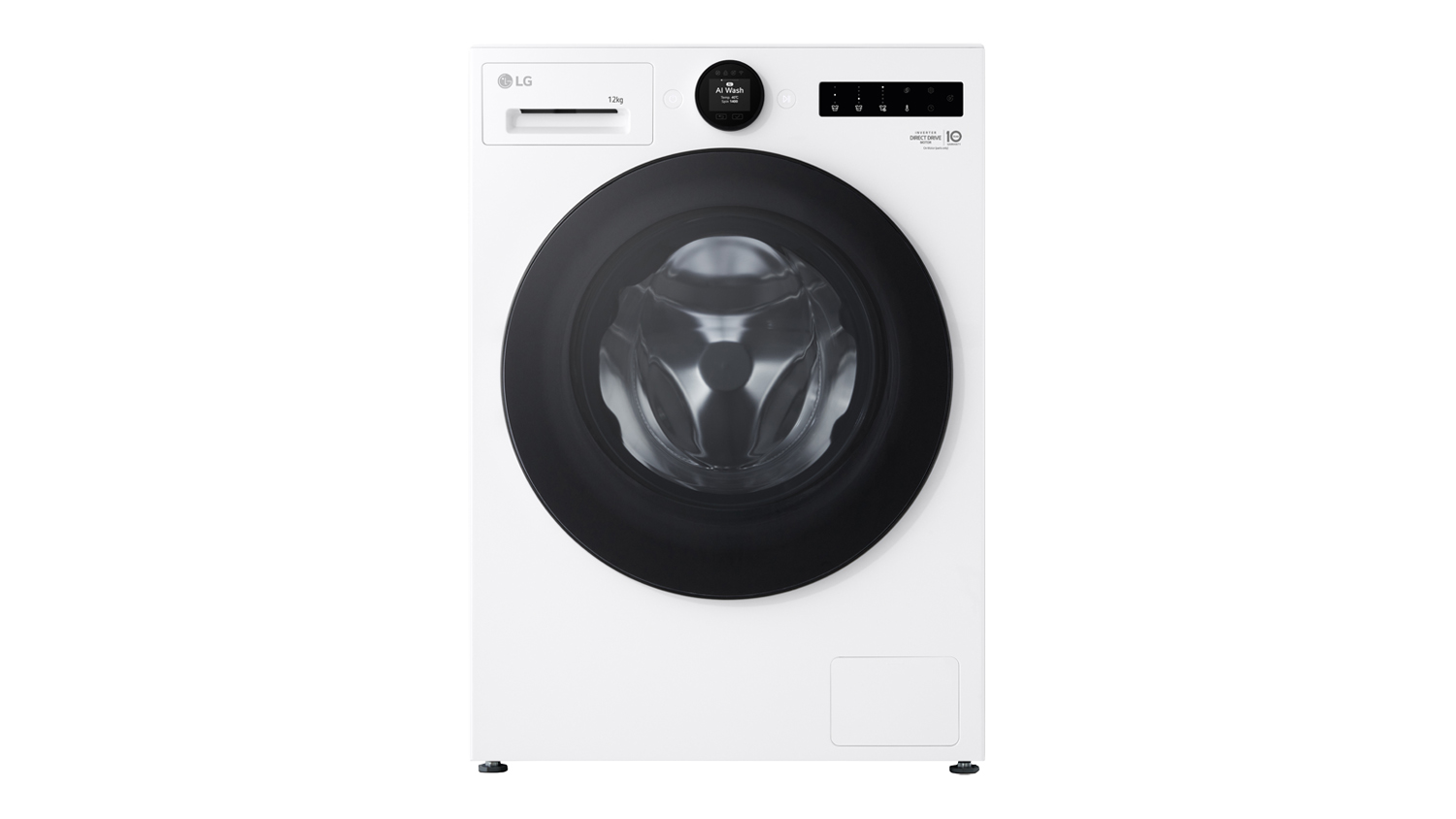 An LG Series 10 12kg Front Loader Washing Machine in a sleek white colour